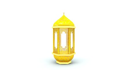 A 3D-rendered golden lantern with intricate details and a classic Islamic design. Its hexagonal shape and delicate patterns evoke a traditional aesthetic, perfect for celebrations like Ramadan or Eid.