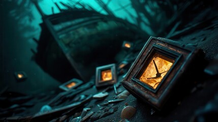 Obraz premium Sunk ship in deep sea, scattered wreckage, eerie atmosphere