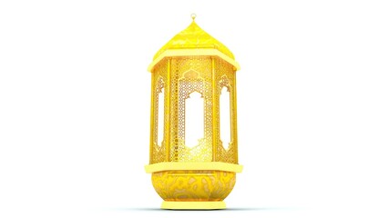 A 3D-rendered golden lantern with intricate details and a classic Islamic design. Its hexagonal shape and delicate patterns evoke a traditional aesthetic, perfect for celebrations like Ramadan or Eid.