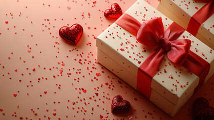 Valentine's Day gifts arranged with cream gift boxes, red satin ribbons, heart-shaped decorations, and confetti on a peach background. Perfect for a celebration of love.