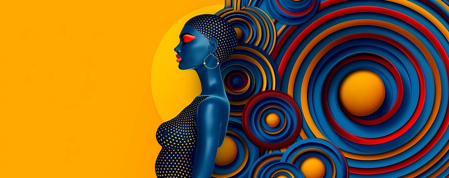 A woman is standing in front of a yellow background with blue and red circles surrounding her. The circles are of different sizes and colors, creating a sense of movement and energy