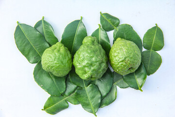 Citrus hystrix DC or kaffir lime or bergamot whole on isolated white background