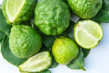 Citrus hystrix DC or kaffir lime or bergamot whole on isolated white background