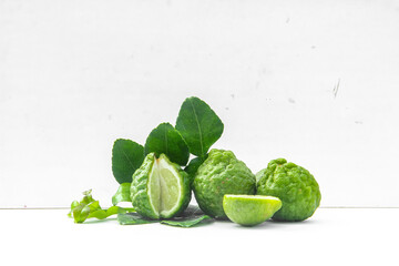 Citrus hystrix DC or kaffir lime or bergamot whole on isolated white background