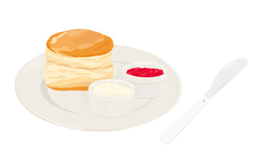 Scones with clotted cream and jam on a plate. Classic english cream tea. Hand drawn vector illustration.	
