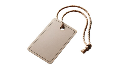 Fototapeta premium Minimalist beige tag with a brown cord, isolated on a white background, ideal for branding, pricing, or product labeling in fashion, retail, and luxury packaging.