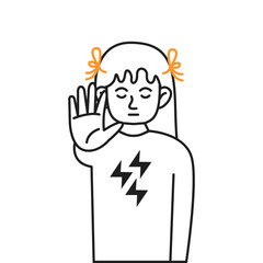 Little girl with closed eyes showing stop gesture color line vector icon. Child saying no to violence and discrimination character illustration