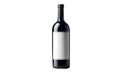 Elegant dark wine bottle with a blank white label, isolated on a light background, perfect for branding, product mockups, or showcasing premium wines in a minimalist design.