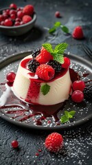 Creamy panna cotta with fruit garnish, bird's-eye view, copy space available