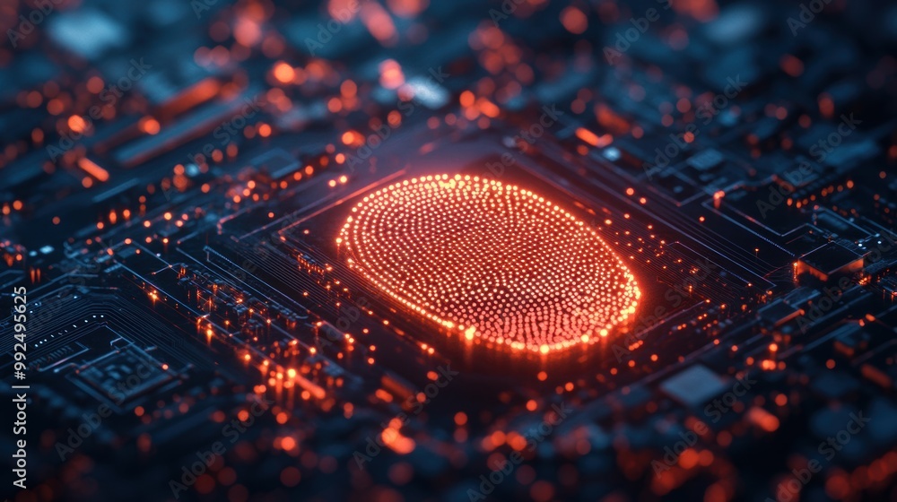 Poster a fingerprint scanner illuminates a computer chip, demonstrating modern security and biometric ident