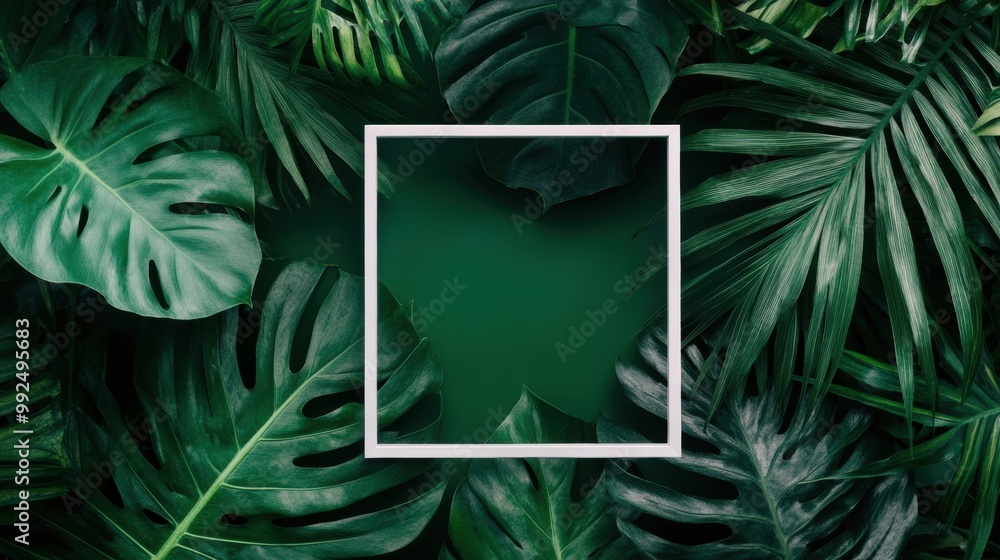 Poster the array of rich green leaves showcases a subtle white rectangular frame, enhancing the natural amb