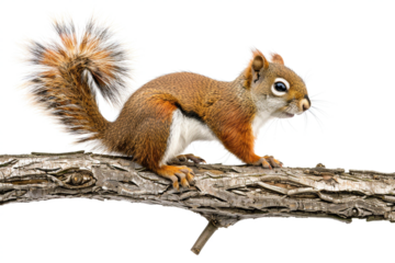 squirrel perched on a branch, set against a transparent background