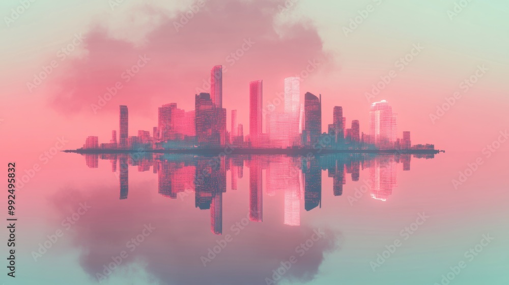 Aufkleber this floating city island features a luminous skyline with towering structures mirroring in tranquil