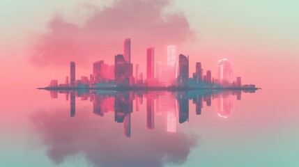 Fototapeta premium This floating city island features a luminous skyline with towering structures mirroring in tranquil waters during twilight