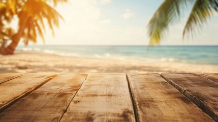 Fototapeta premium The empty wooden table stands invitingly against a backdrop of a tropical beach, light reflecting off gentle waves under a clear sky