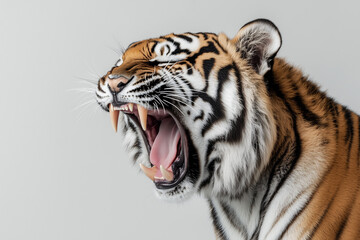 Tiger Roaring Close-Up
Close-up of a tiger roaring fiercely with its fangs exposed.