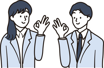 笑顔でOKサインを出すアジア人ビジネスウーマンとビジネスマンのイラスト素材
