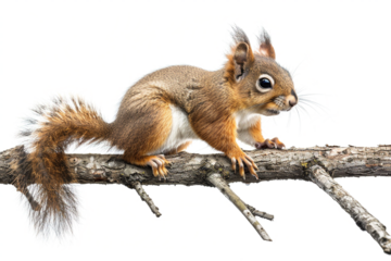 squirrel perched on a branch, set against a transparent background