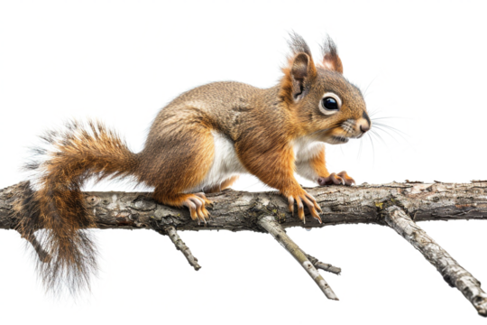 squirrel perched on a branch, set against a transparent background