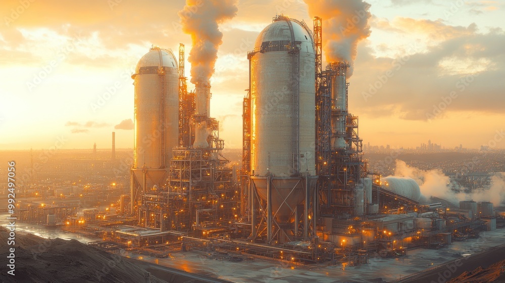 Poster An aerial view of a large industrial plant with tall smokestacks emitting smoke at sunset. The plant is illuminated by the setting sun, casting a warm glow over the scene.