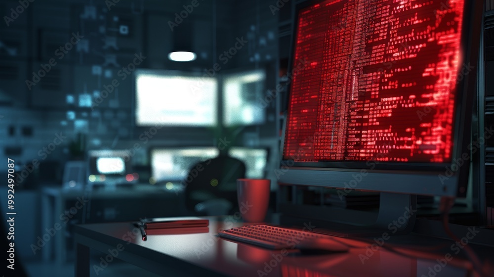 Poster computer screen showing red ransomware warning message in home office setting, highlighting cybersec