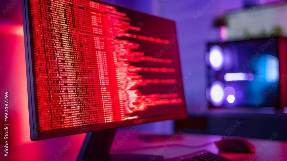 Aufkleber computer screen showing red ransomware warning message in home office setting, highlighting cybersec
