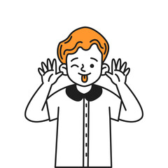 Mischievous little boy making funny face color line vector icon. Child sticking out tongue and winking character doodle illustration on white