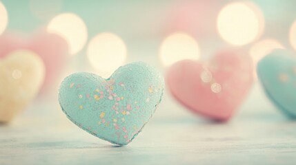 Obraz premium Delicate pastel hearts are showcased in soft hues, beautifully blurred by twinkling orbs of light in the background