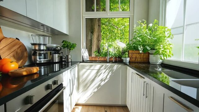Modern kitchen interior with black granite countertops, white cabinets, and a window overlooking a green garden.