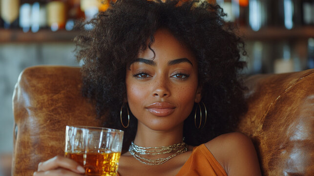 A confident woman enjoys a drink in a cozy ambiance, embracing relaxation and sophistication with her stylish look.