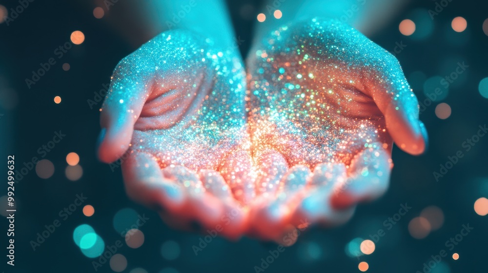 Aufkleber two hands hold shimmering magic dust that radiates a soft glow, creating a captivating visual effect