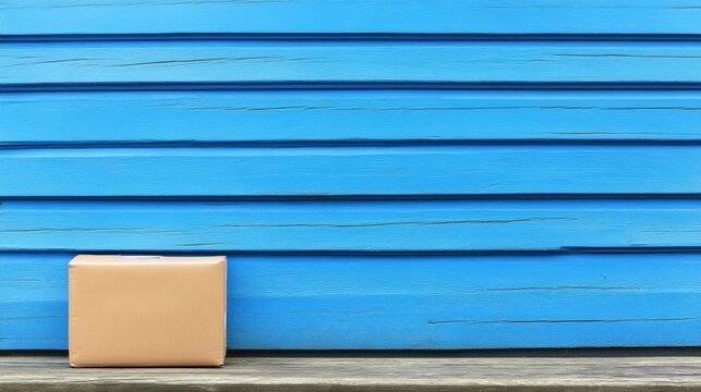 A small package is placed on the doorstep of a blue suburban home, highlighting the tranquility of a residential area