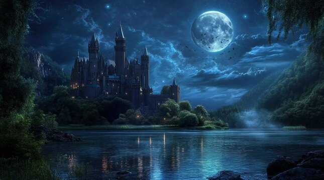 Majestic castle under the full moon, glowing in a mystical fantasy night landscape.
 Seamless looping 4k time-lapse virtual video animation Generated AI