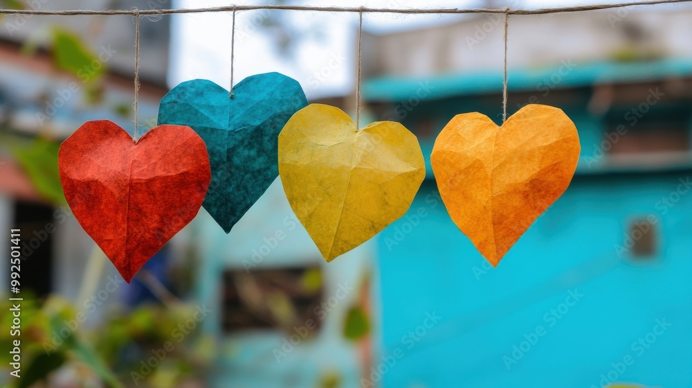 Poster brightly colored paper hearts dangle from strings in an outdoor space, adding a playful charm to the
