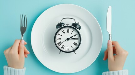 Alarm clock in a plate hands holding knife and fork on a blue background