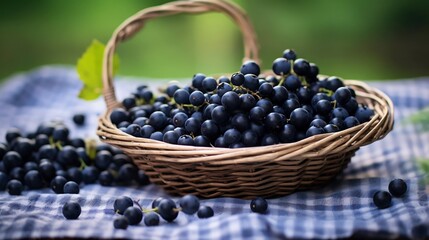 Closeup of freshly picked blackcurrant fruits arranged woven basket picnic blanket the countryside softly blurred in the background evoking the charm of summer harvests Scientific name Ribes nigrum