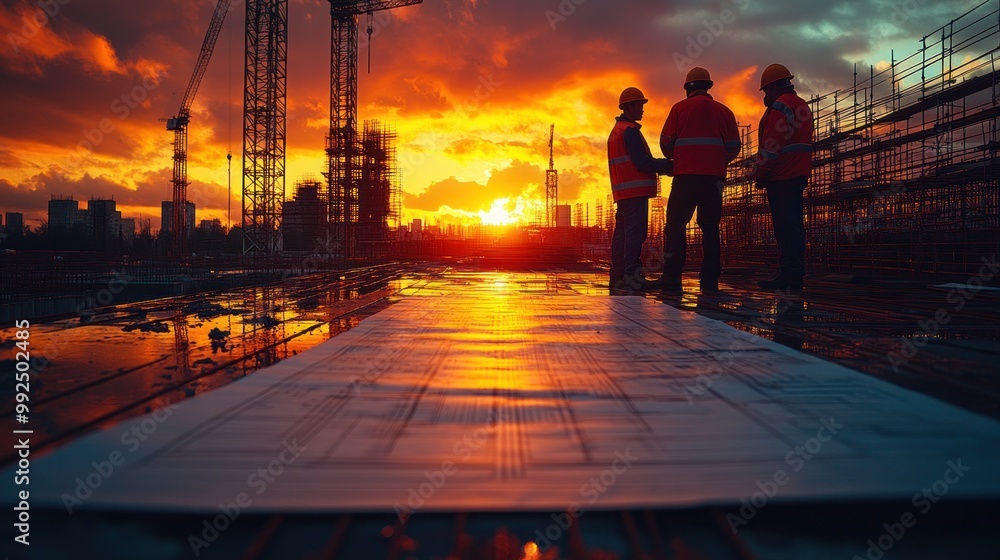 Canvas Prints Three construction workers in hard hats stand on a construction site at sunset looking at blueprints, with cranes and scaffolding in the background.