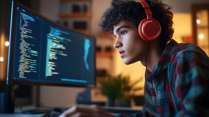 Focused Gamer in Red Headphones with a Computer Screen Showing Code