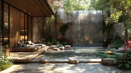 Serene outdoor space with a waterfall and lush greenery.