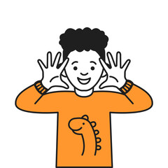 Happy boy in sweater with dinosaur scaring for fun color vector line icon. Kid showing hands with open palms to threaten character illustration