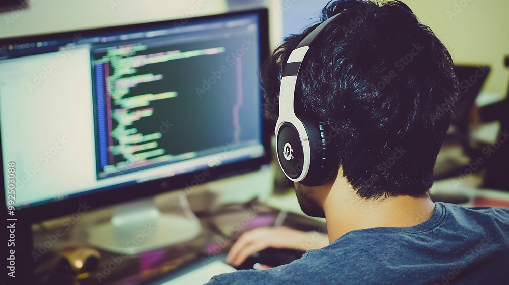 Poster man in headphones working on a computer
