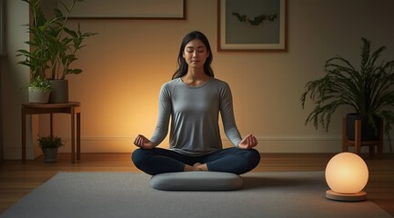 Woman meditating in the lotus position on an area rug