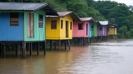Vibrant houses stand on stilts in a flooded area, showcasing resilience amidst the heavy rain and rising water levels