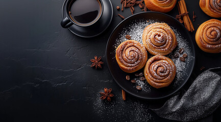 Cinnabons on black plate and cup of coffee top view on black background with space for text, created with Generative AI technology