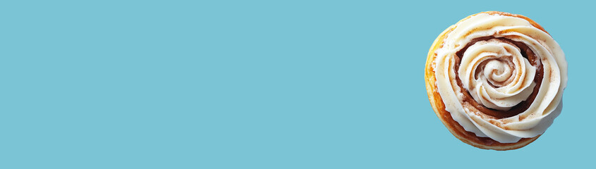 Cinnabon with cream top view on blue background with space for text, created with Generative AI technology