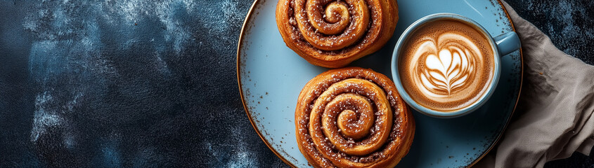 Fototapeta premium Cinnabons and cup of coffee on blue plate top view on dark background with space for text, created with Generative AI technology