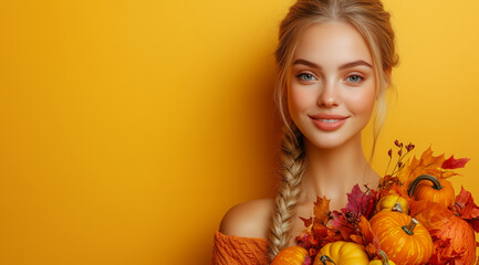 Fototapeta premium Young girl with pumpkins and yellowed leaves, created with Generative AI technology.
