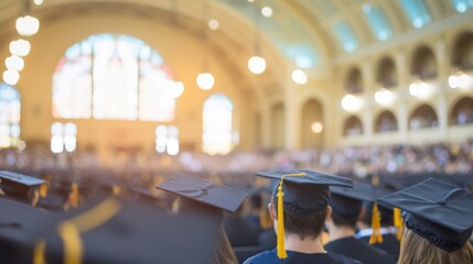 Graduates in black caps and gowns gather in a historic university hall to celebrate their graduation surrounded by family and friends