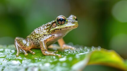 A green frog perches on a leaf, surrounded by glistening dew in a vibrant rainforest, capturing the tranquility of nature