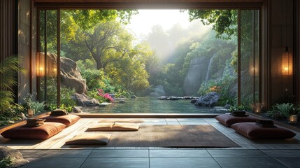 Serene interior with a view of a tranquil natural landscape.